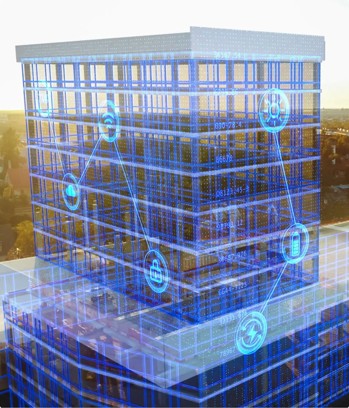A modern building overlaid with a digital blueprint and blue icons representing connected smart technology and data networks.