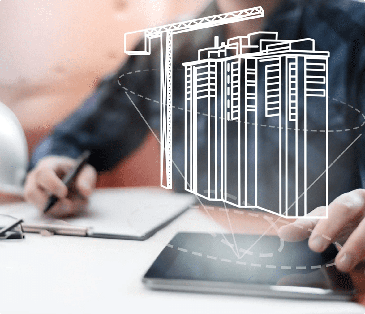 A person uses a digital tablet and stylus, with an overlay of a crane and building blueprint projected above the device.