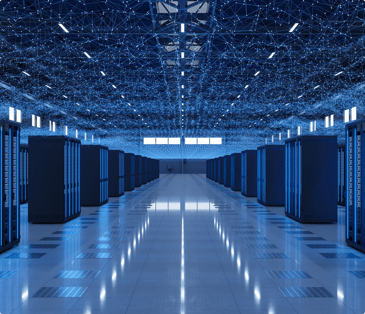 Large data center interior with rows of server racks, reflective floors, and digital blue network connections illustrated across the ceiling.