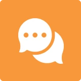 Two white speech bubbles with three dots overlap on an orange background, representing a chat or messaging icon.