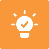 White light bulb icon with a checkmark inside, surrounded by lines representing light, on an orange background.