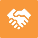 White icon of two hands shaking on an orange background.