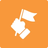 White icon of a hand holding a flag on an orange background.